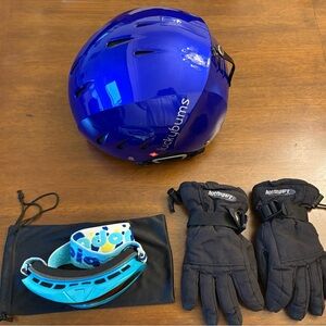 Blue ski or snowboard helmet, Google and gloves Set